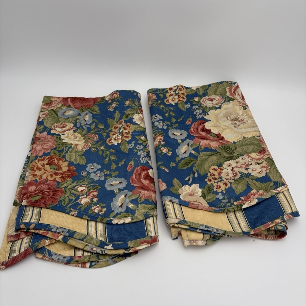 WAVERLY VILLA CARLOTTA Blue Floral Window Valance 2-Tier Stripes 76x15" Set Of 2